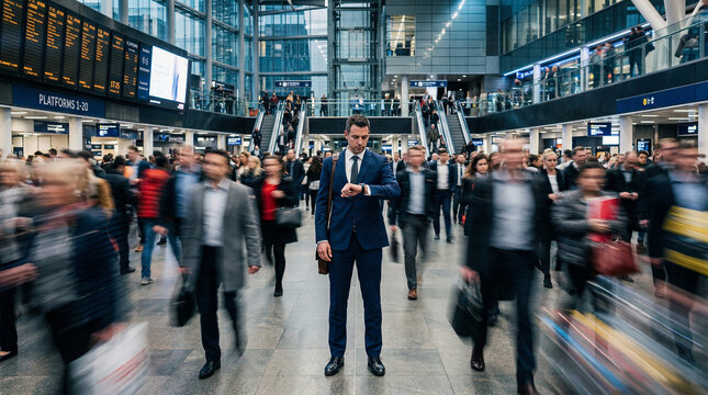Blurred motion of diverse busy people walking fast and rushing through a bright modern train station or airport terminal