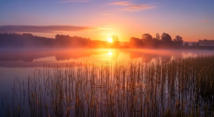 Fototapeta premium Sunrise over the lake with reeds and a misty atmosphere.