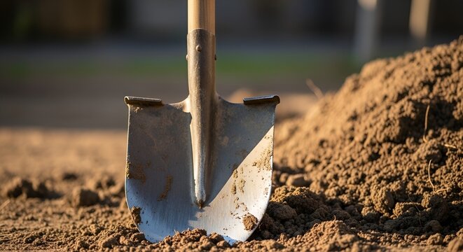 A shovel stands upright in a pile of dirt on a construction site