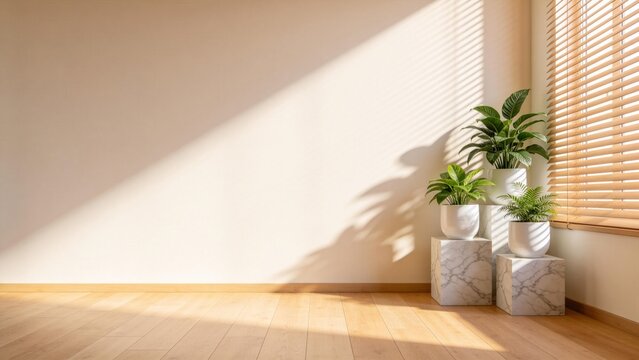 Minimalist interior with potted green plants on marble pedestals,sunlight through wooden blinds casting shadows on white wall and hardwood floor in modern living space