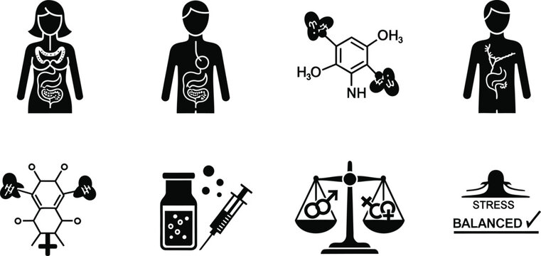 Hormonal Balance and Endocrine System Icon Set for HRT Therapy, Gut-Brain Axis Health, Chemical Formula Analysis, Stress Management, and Medical Laboratory Research - Scalable EPS Vector