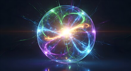 Naklejka premium Abstract glowing sphere with colorful energy particles and light flares on dark background