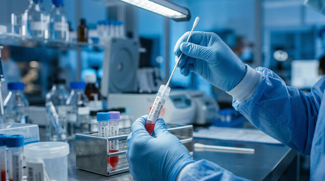 View from inside a cold storage refrigerator of a scientist wearing blue protective gloves holding medical test tubes in a modern laboratory