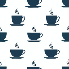 Obraz premium A repeating pattern of dark blue steaming teacups on white saucers