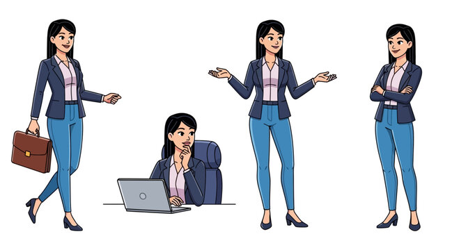 Illustrations of a businesswoman in different poses.