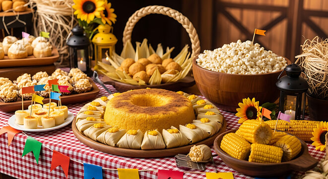 Brazilian festa junina buffet with corn cake pamonha popcorn and rustic countryside decoration