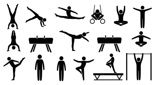 Black silhouettes of gymnasts performing various exercises.