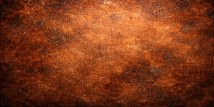 An aged brown rusty metal texture with a grungy orange surface and worn vintage paper pattern creates an antique grunge backdrop for an old wall art design