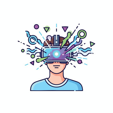 Person wearing VR headset with abstract shapes exploding from head