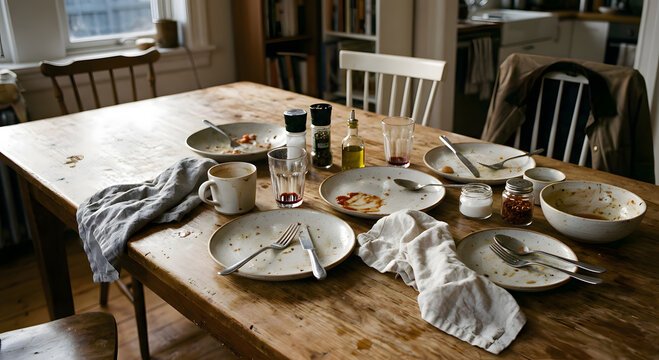 식사 후의 풍경: 다 먹은 그릇, 냅킨이 흩어진 "진짜" 식탁의 모습