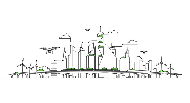A continuous black line forms a city skyline with buildings, green foliage, three flying drones, and wind turbines on a white background.