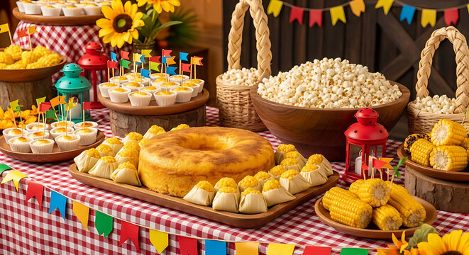 Brazilian festa junina buffet with corn cake pamonha popcorn and rustic countryside decoration