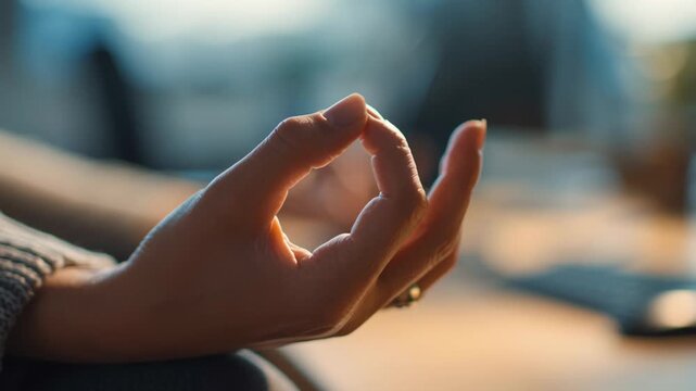 Woman meditating with hand in mudra gesture at office, symbolizing the importance of mental health in work life