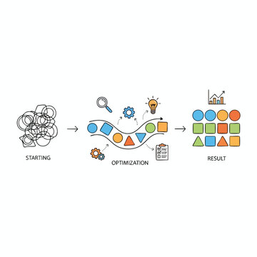 Process from chaotic start to organized, colorful result via optimization