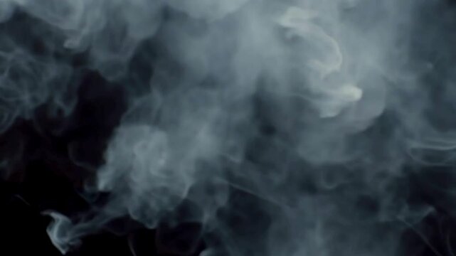 Slow motion of thick white smoke, clouds, or steam swirling and dissolving against a dark black background, ideal for transitions or overlays.