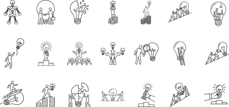 Creative Thinking Process Concept Icons Set - Innovation Brainstorming Strategy Flat Illustration Collection