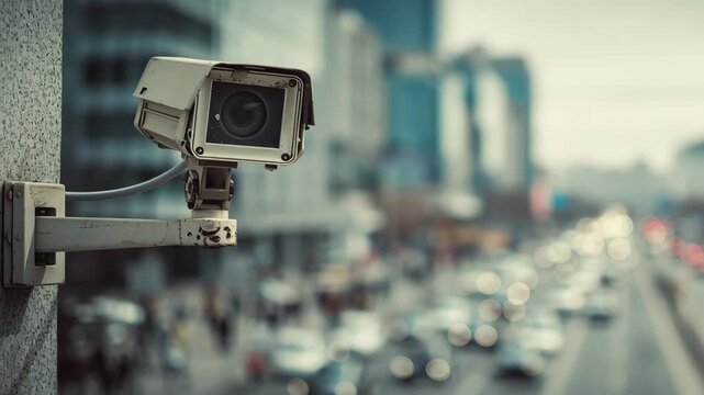 Security camera monitoring busy city street with blurred traffic  