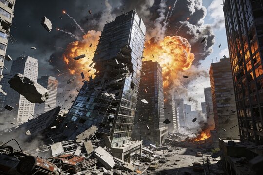 Cityscape crumbles as buildings collapse in massive explosion amid rubble and chaos