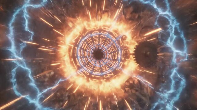 Spiral of ancient clocks in fiery time vortex concept. Close up of fiery sparks and glowing machinery in industrial metalworking process with gears and intense light