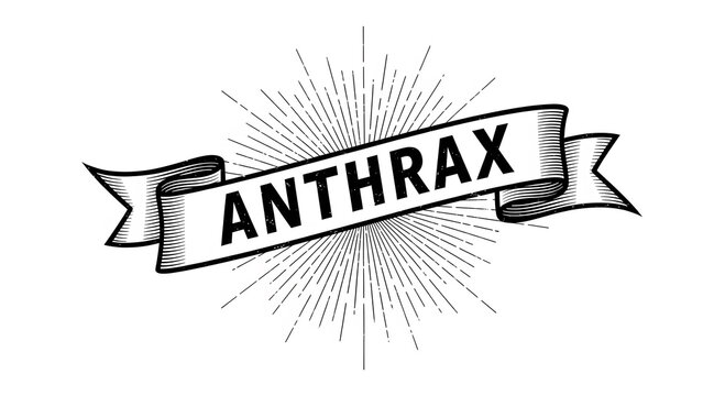 Black Anthrax text on ribbon with sunburst rays on white background banner