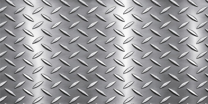 Seamless industrial diamond plate pattern featuring a shiny silver metallic steel surface texture for rugged construction material and grey aluminum floor sheet design
