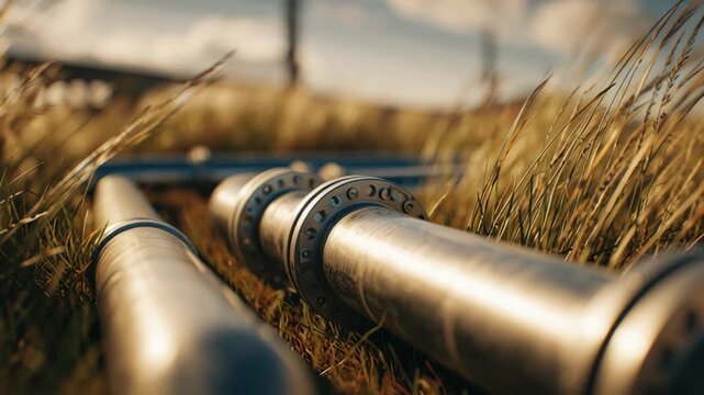 Metallic industrial pipes lying in tall grass under a blue sky  
