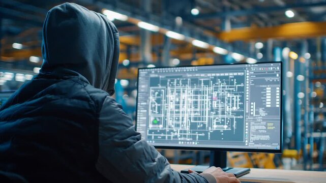 Man working on computer with engineering designs in industrial setting  