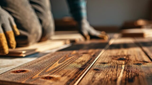 Worker laying wooden flooring in a house during renovation  