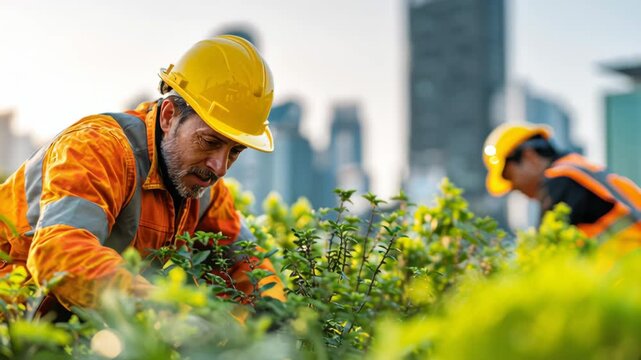 Construction workers gardening with city skyline in background  