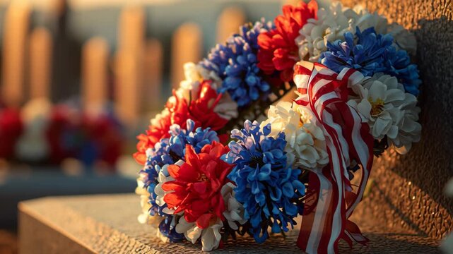 Memorial wreath with red, white, and blue flowers on gravestone  