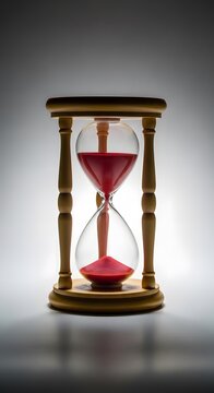 A classic hourglass with red sand on a wooden stand against a gray background