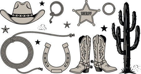 Western cowboy elements with hat, boots, lasso and sheriff badge, wild west desert symbols and vintage outline vector illustration set © MstGulzan