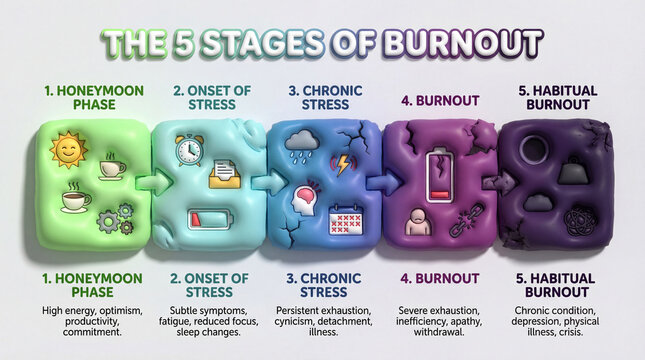 Burnout stages infographic explains progression. Burnout chart tracks honeymoon phase, stress onset, chronic stress, burnout, habitual burnout for workplace wellness, mental health awareness