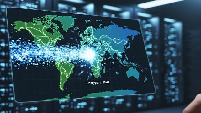 Futuristic digital interface showing secure VPN connection for private data protection and internet safety with human hand touching glowing touchscreen display in high resolution 4K tech video