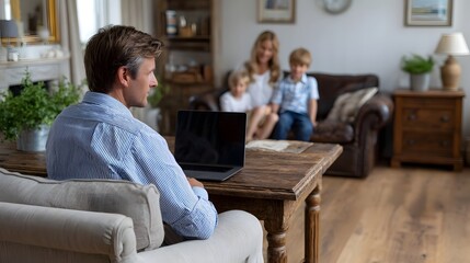 Fototapeta premium A man works on a laptop in a cozy living room while his family relaxes on the couch nearby