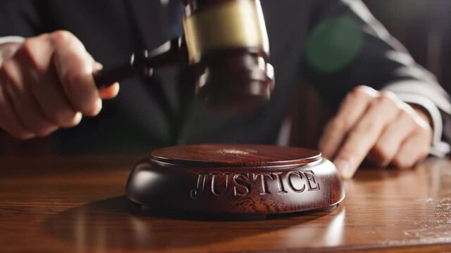 Wooden judge gavel and block on a mahogany desk representing patent law litigation justice and authority within the legal system courtroom environment for intellectual property rights protection.