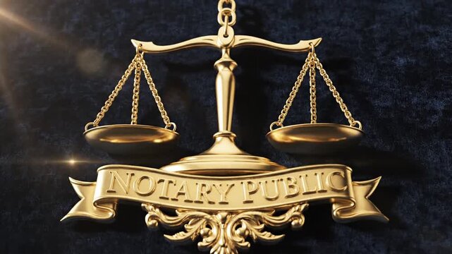 Elegant Golden Notary Public Seal Icon Featuring Balanced Scale of Justice and Professional Legal Typography for Law Firm Branding Concept