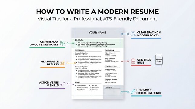 Resume writing infographic shares key tips. Resume guide highlights ATS layout, measurable results, action verbs, clean fonts, digital links; sample resume contains placeholder plus typos
