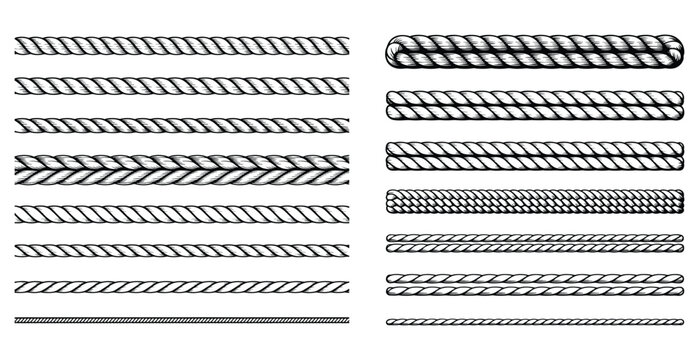 Rope Line Stroke Texture Set, Comprehensive Rope Stroke Line Texture Library with Sixteen Horizontal Divider Variants, Rope Border Line Divider Collection