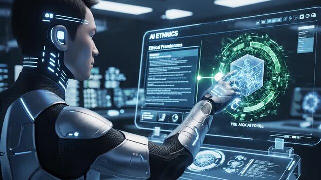 Futuristic digital legal counsel human artificial intelligence avatar interaction transparent glow touch screen for law ethics justice and technology regulation concepts in 4K resolution