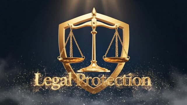 Golden Legal Protection Symbol Featuring Scale of Justice and Typography Representing Lawful Concept within a Cinematic Digital Environment for Professional Jurisprudence Presentation