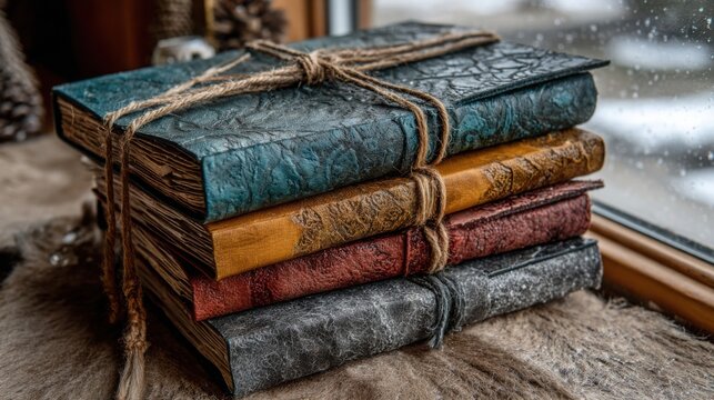 A Stack of Handmade Distressed Leather Journals Tied With Twine