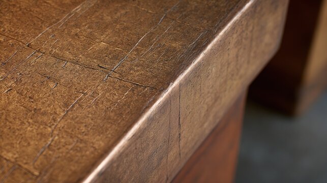 abrasion. Close-up of brushed copper texture with visible patina and directional lighting. safety posters, maintenance manuals, designed for industrial assembly lines and welding operations.