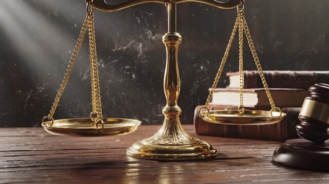 Golden scale of justice balance on wood courtroom legal system crime judicial authority and legislation concept illustrated in high resolution with professional 3D rendering technique.