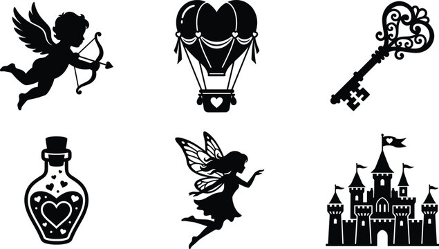 Black silhouettes of romantic fantasy icons including cupid fairy castle heart hot air balloon magic potion bottle and skeleton key for Valentine design