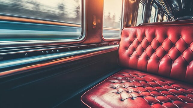 compartment. A vintage train compartment with a red window seat and motion blur outside. mobility guides, transit brochures, designed for transport & logistics marketing, improves user orientation.