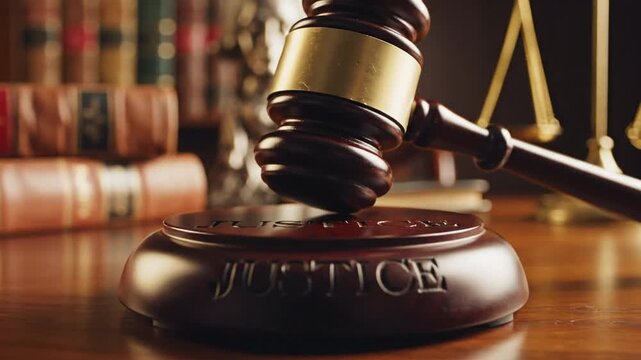 Traditional wooden judge gavel resting on round sound block inside legal office symbolizing justice law authority court system and litigation process with professional corporate background decor