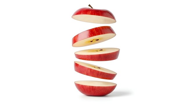 A single red apple sliced into five distinct horizontal pieces floating against a white background.