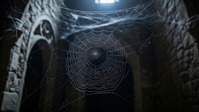 A detailed and intricate spider web illuminated by soft light in a dark and mysterious stone archway