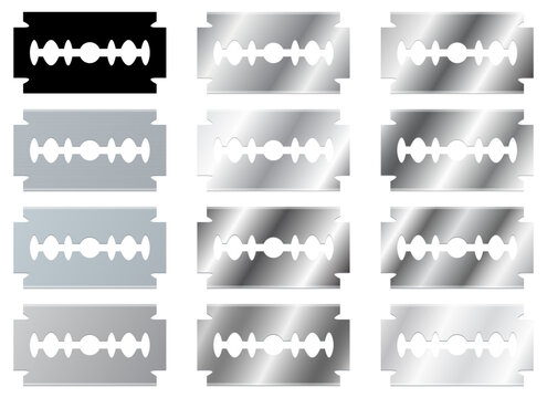 Razor Blades: Assorted sharp metal razor blades in varying shades of gray.